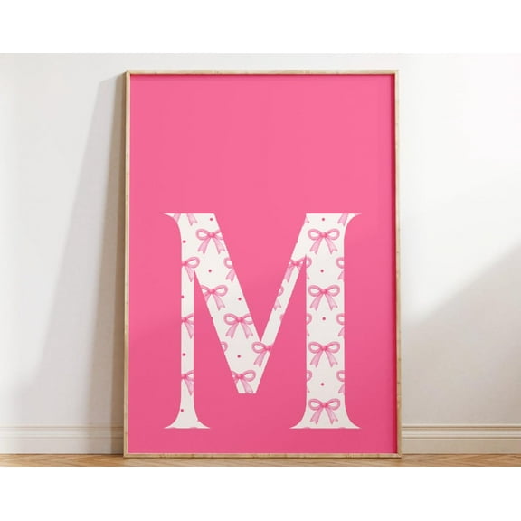 Letter M Initial Poster Pink Preppy Bow Wall Art M Initial Print Cute Girly Apartment Decor College Dorm Decor Blush Pink Art Bathroom Decor Wall Art, Modern Wall Decor, 8x12 UNFRAMED