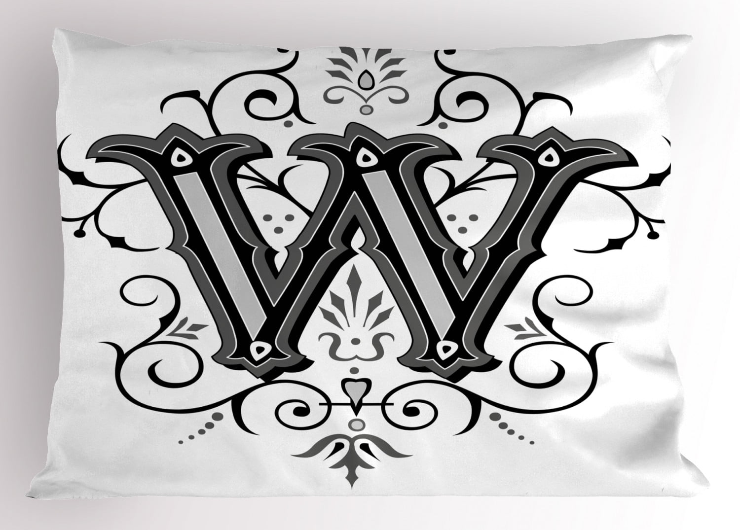 Letter W Pillow Sham Capitalized Letter W with Symmetrical Ornaments Abstract Artwork Lines Dots