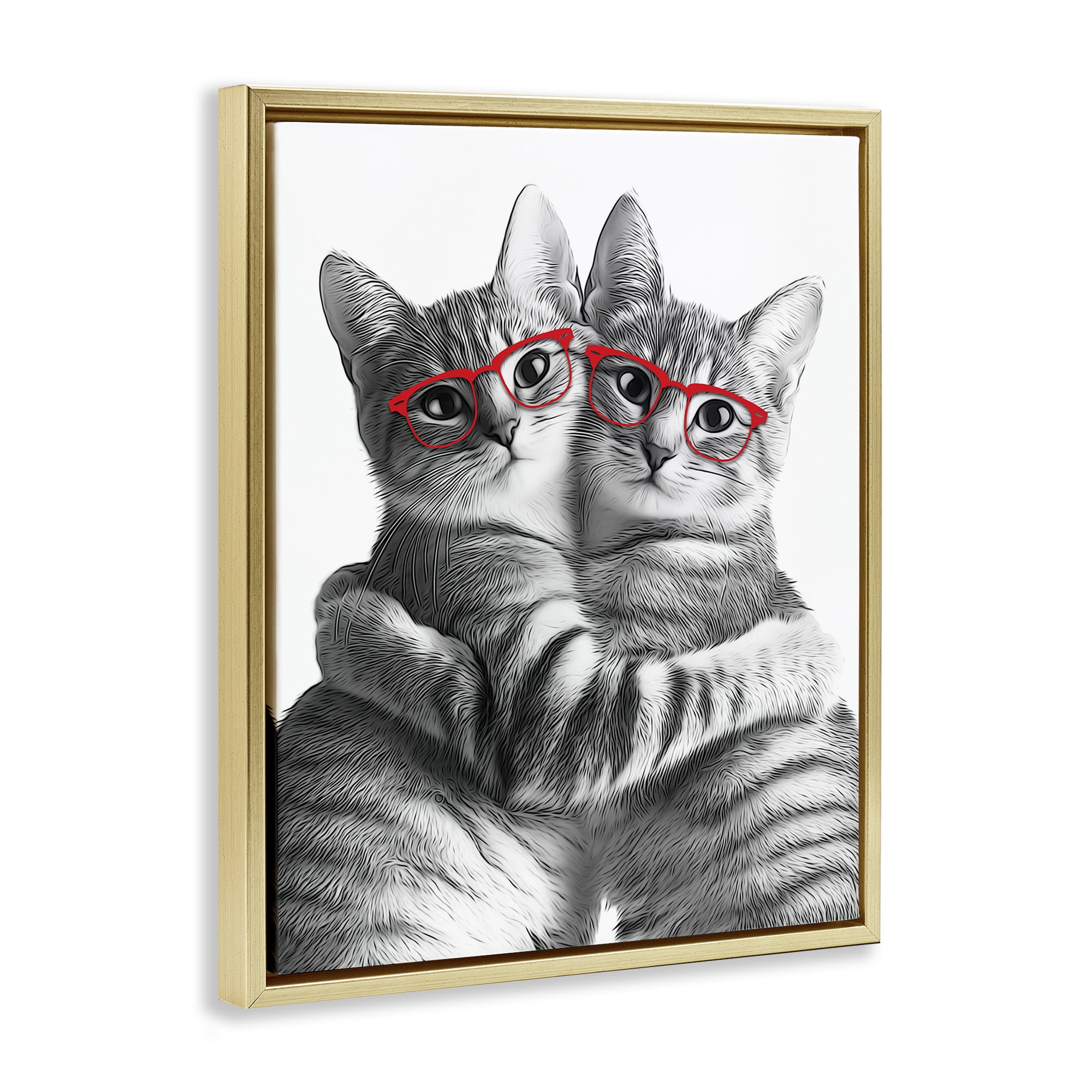 Stupell Industries Cat Pair with Glasses Animals & Insects Painting Gold Floater Framed Art Print Wall Art, 17 x 21