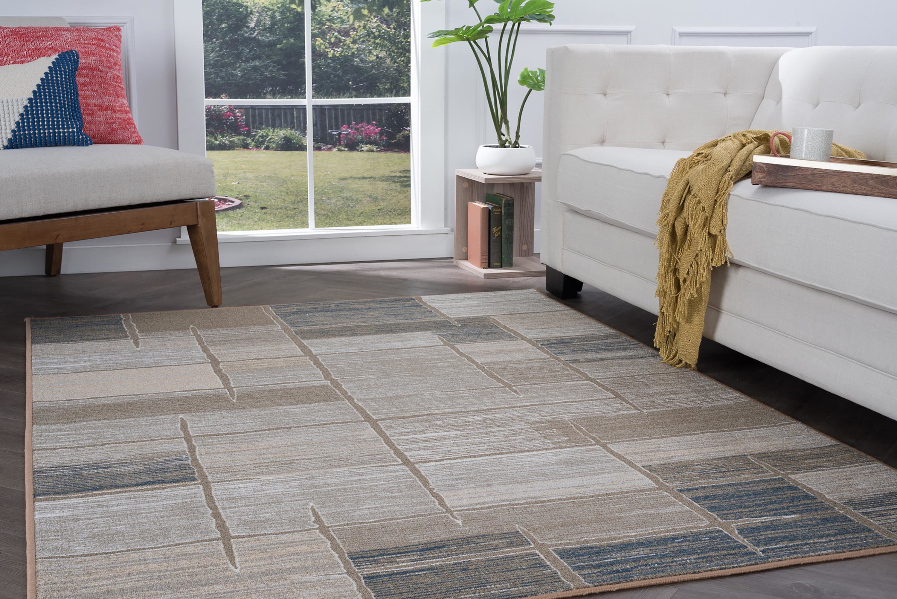 Contemporary 5x7 Area Rug (5' x 7') Abstract Taupe, Beige Living Room Easy to Clean
