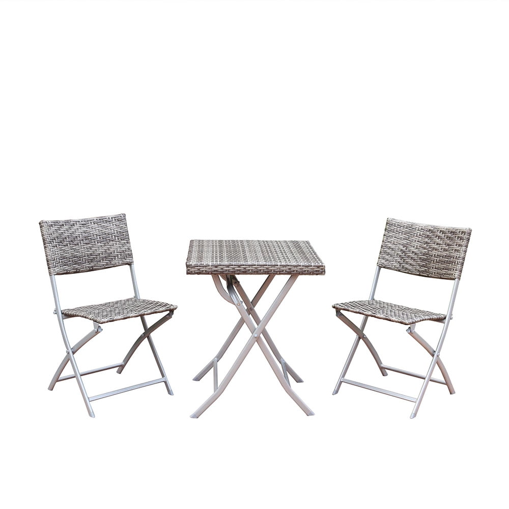 Abble 3pcs Outdoor Wicker Folding Set Patio Folding Chairs and Table Set for Garden - Gray