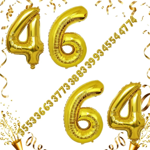 Gold 46 or 64 Number Mylar Balloon 40 inch - Self-Seal Foil Balloons for Helium or Air Inflation, 46th, 64th Birthday, Anniversary, Graduation Party