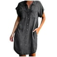 thumbnail image 2 of ZHOGXU Women's Denim Dress Short Sleeve Lapel Solid Color Buttons Fashion Comfortable Dresses With Pockets For Casual Daily Wear,Grey,Xxl, 2 of 6