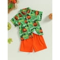 thumbnail image 2 of Toddler Boys Halloween Outfits Short Sleeve Pumpkin Print Tops Button Down Lapel Shirt + Shorts Thanksgiving Clothes Set, 2 of 7