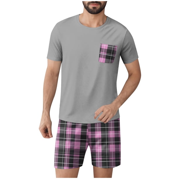 Mens Slim Fit Manga Corta Botón Abajo Camisas Cuello Redondo Impresión Set Deportivo, Cintura Elástica Traje Casual