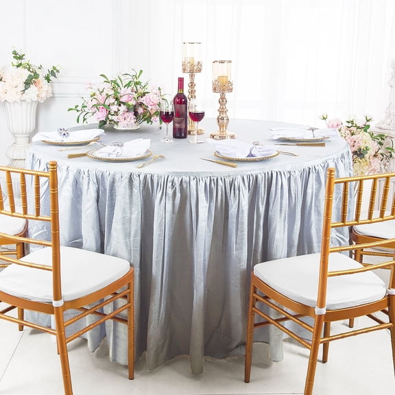 Wedding Linens Inc. 72"W x 30"H Round Ruffled Fitted Crushed Crinkle Taffeta Tablecloth Table Cover Linens With Skirt - Platinum
