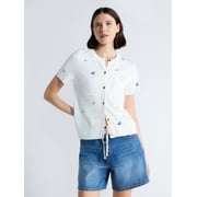 Women's and Women's Plus Embroidered Cardigan Sweater with Short Sleeves, Sizes XS-4X