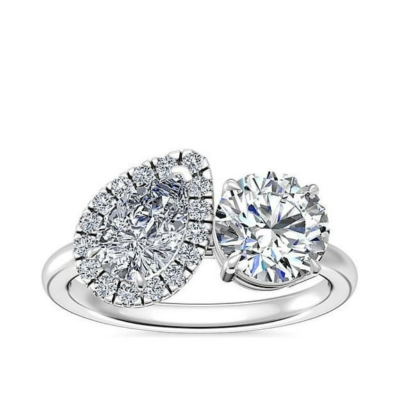 1.10 T.C.W Round & Pear Natural Diamonds Latest Design Two Stone Ring for Women Solid 14K White Gold Size 7