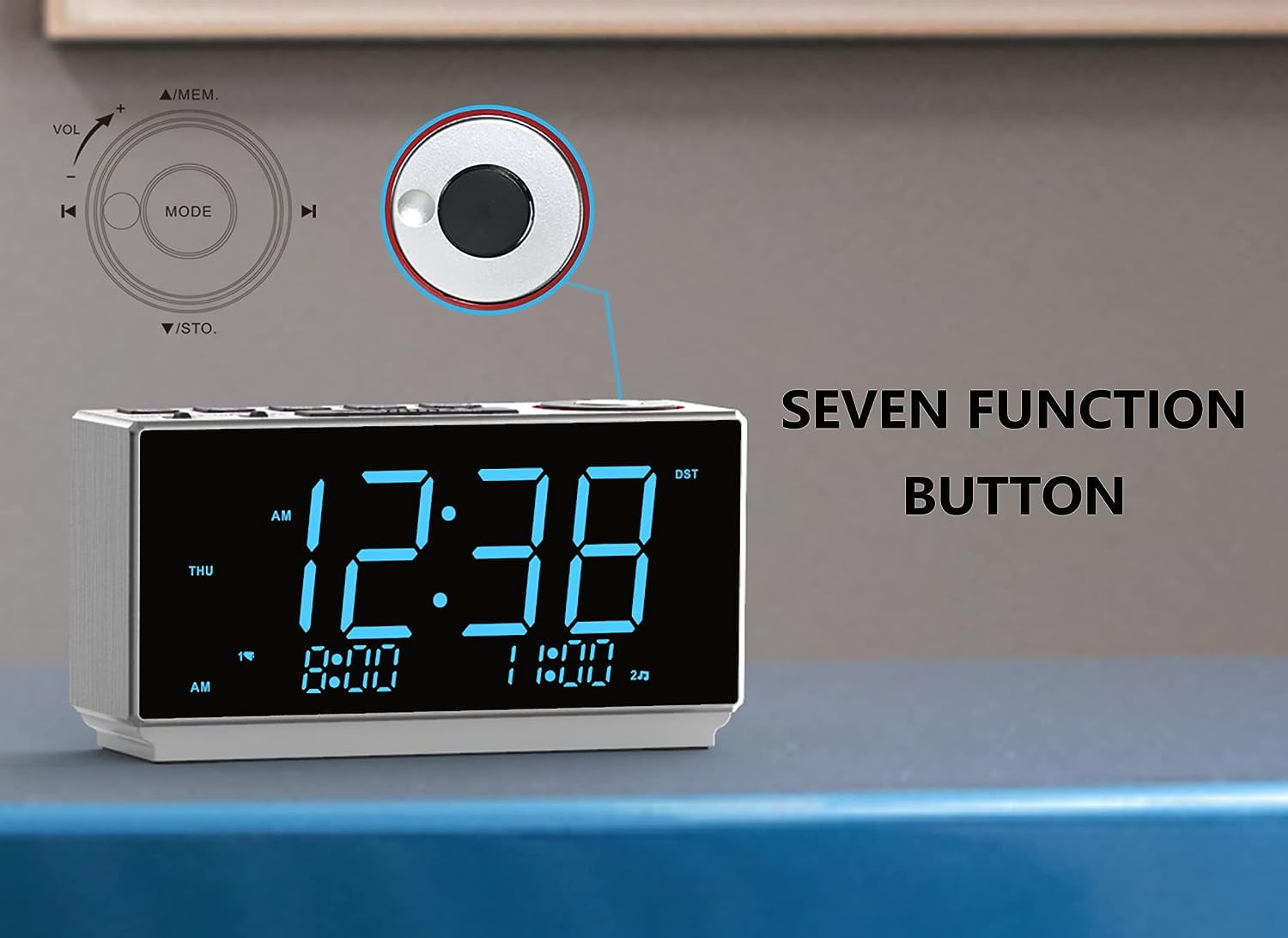 Alarm Clock with FM Radio, USB Charging, 1.8'' Ice Blue LED Display, Night Light, Dual Alarm, Snooze, Dimmer Control, Bedside Office Electronic Clock iTOMA CKS508