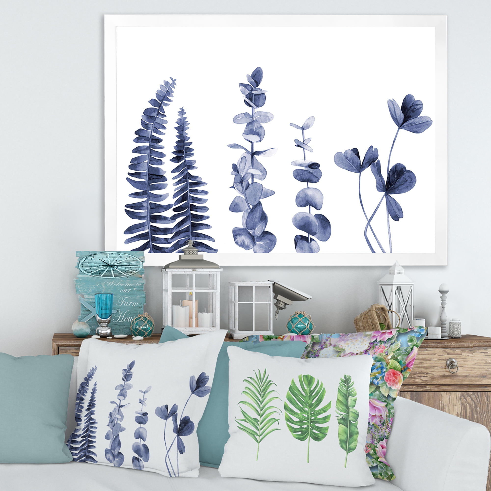 Designart 'Navy Blue Eucalyptus On White I' Traditional Framed Art Print