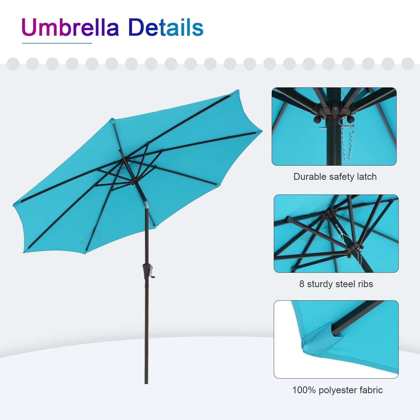 9ft Outdoor Patio Umbrella, with Push Button Tilt and Crank Sysytem, Sturdy Power Coated Frame, for Garden, Poolside, Deck and Backyard, Blue