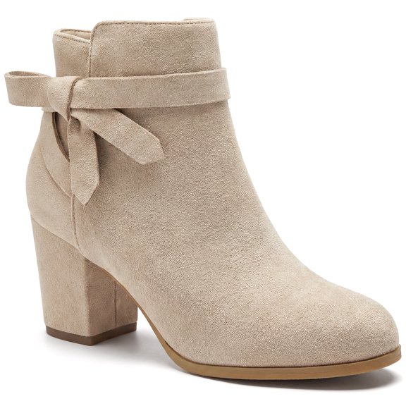 BLISSFUL STEP Ankle Booties Side Bow Decor Round Toe Chunky Heel Ankle Boots for Women Beige 6