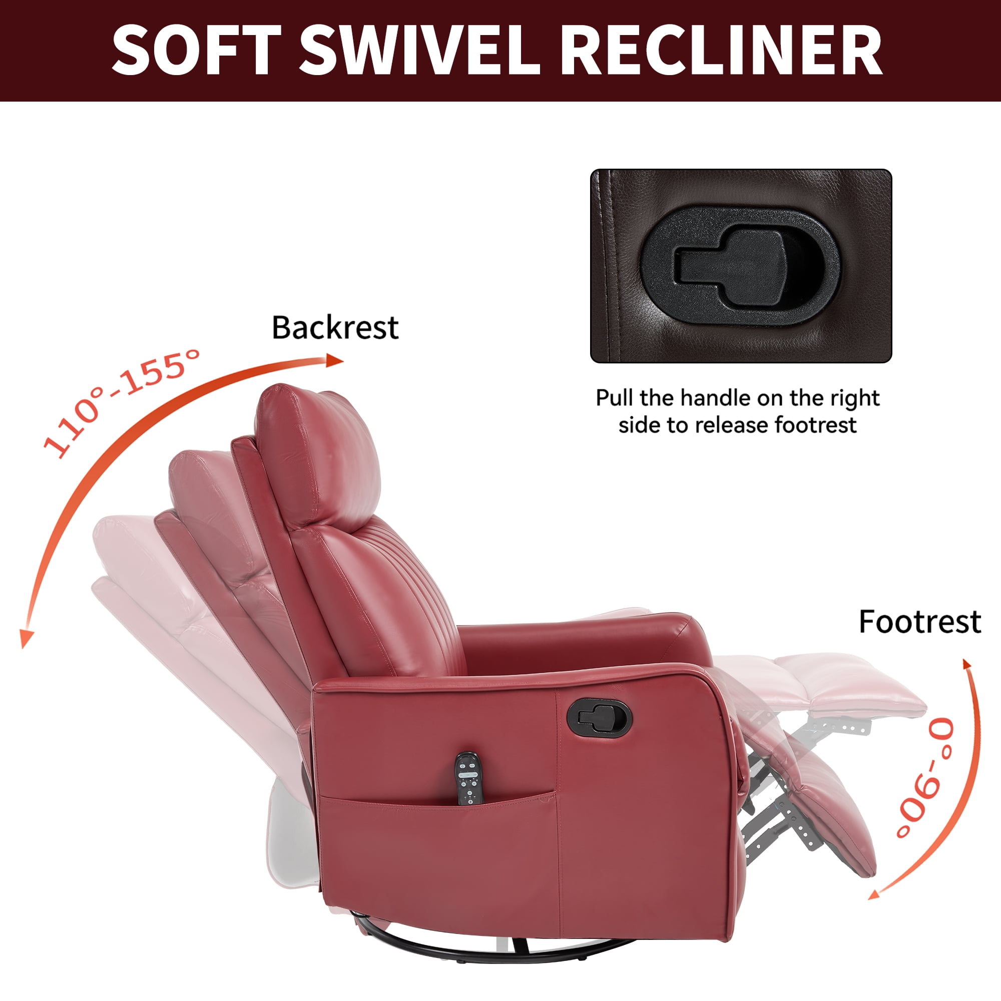 Manual Swivel Rocker Recliner Chair for Adults,Overstuffed Reclining Glider Chair with Vibration Massage & Heat,Upholstered Recliners with Side Pockets for Living Room,Red PU