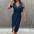thumbnail image 2 of Summer Svings Clearance 2024! TAGOLD Womens Summer Dresses,Women's Solid Color V Neck Off The Shoulder Short Sleeve Slit Dress, 2 of 5