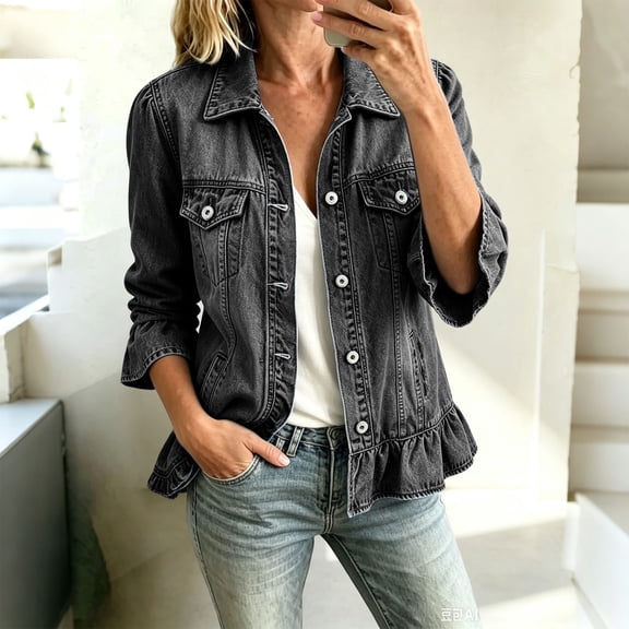 Womens Jackets Solid Color Ruffle Hem Cropped Denim Jacket 3/4 Sleeve Lapel Collar Casual Fall Tops for Women Black L
