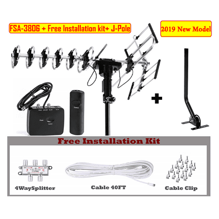 [Free Installation Kit with J-Pole] 2019 Newest Model Up to 200 Miles Long range Five Star Outdoor 4K HDTV Antenna with 360 Degree Rotation, UHF/VHF/FM Radio with Remote Control with