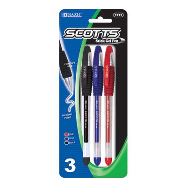 Bolígrafo de gel de colores surtidos con agarre BAZIC Scotts paquete de 3