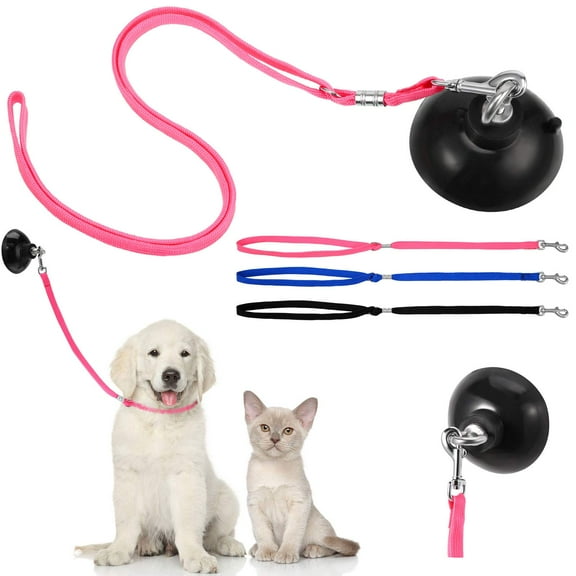 4-Piece No-Drill Dog Bath Tether, Suction Cup Grooming Restraint Loop & Adjustable Safety Leash for Pets - Blue/Black/Pink