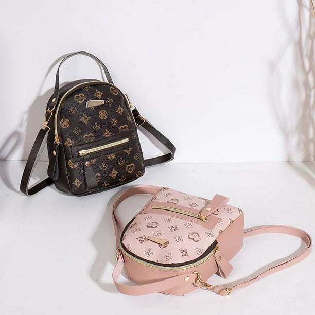 Mini Printed Backpack For Women Faux Leather Purse With Adjustable Strap Casual Zipper Shoulder Bag Pink Bag