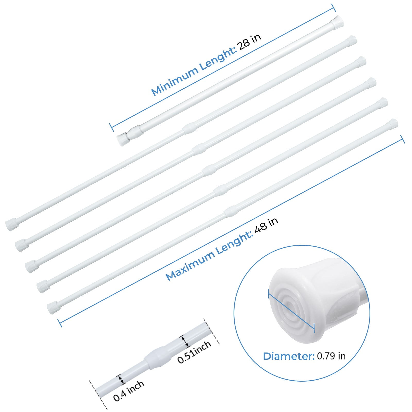 BEAMNOVA 6Pcs Tension Curtain Rod for Windows Cabinet Wardrobe Closet 28"-48" Adjustable, 1/2" Diameter, White