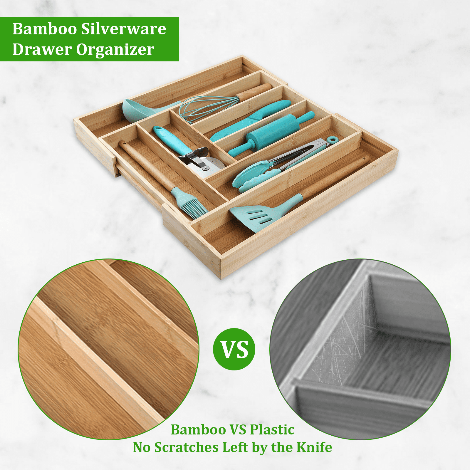 KitchenTrend Bamboo Expandable Drawer Organizer for Kitchen - Adjustable Utensil Tray 6-8 Slots
