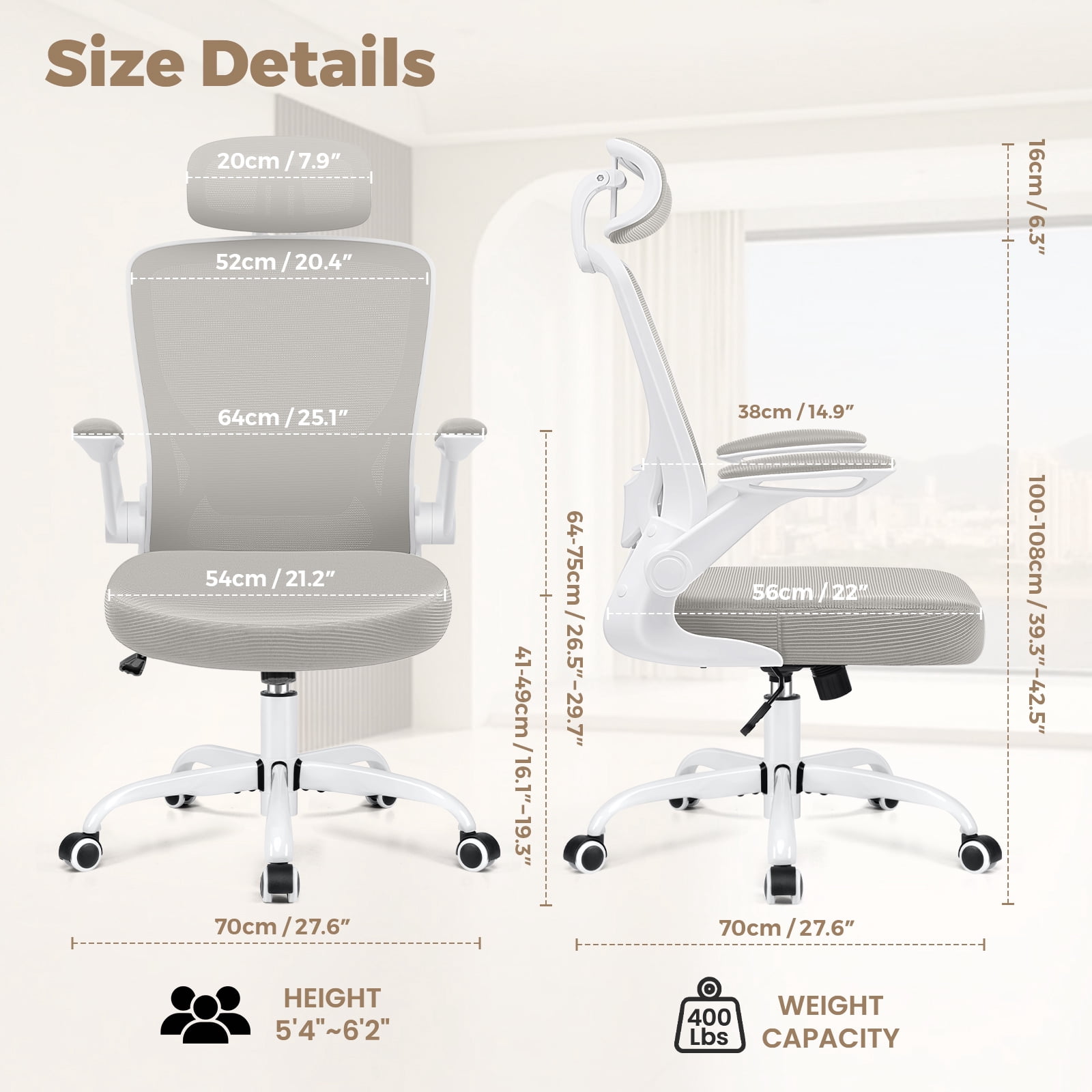 COOLHUT Office Chair Ergonomic Desk Chair, High Back Office Chair with Headrest, Big and Tall Comfy Home Office Desk Chair Lumbar Support Breathable Mesh Office Chair, Light Gray