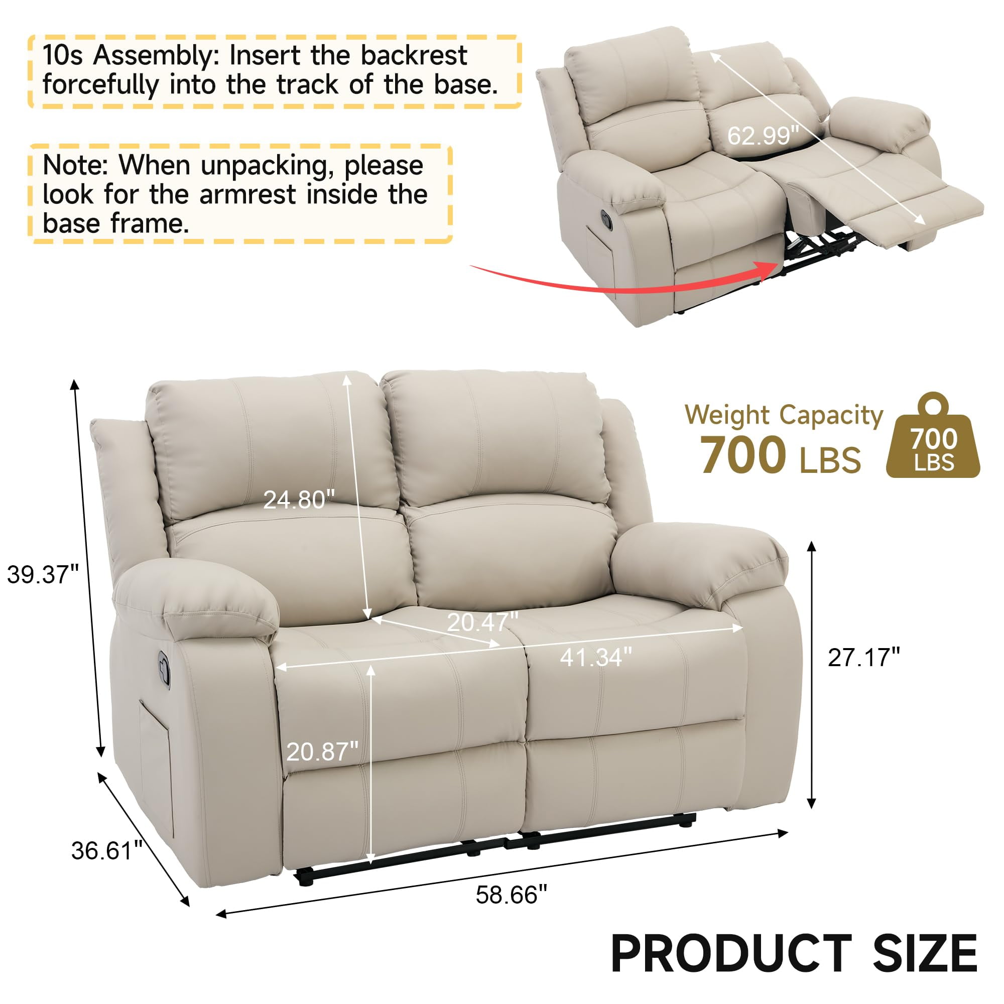 Comfortable Dual Reclining Leather Loveseat – Perfect for Couples, Ideal for Living Room & Home Theater (Beige)
