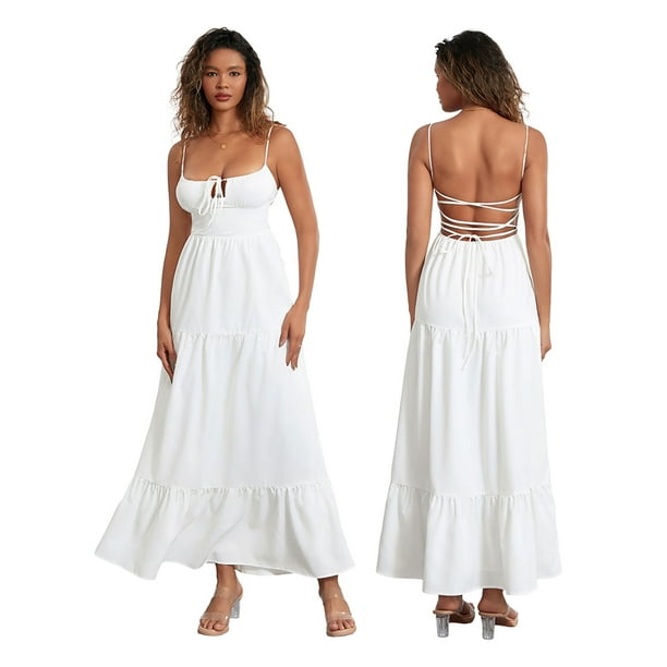 Vestido largo de verano Tsseiatte para mujer, sin mangas, con espalda descubierta, con tirantes finos y bustier, vestido playero fluido.