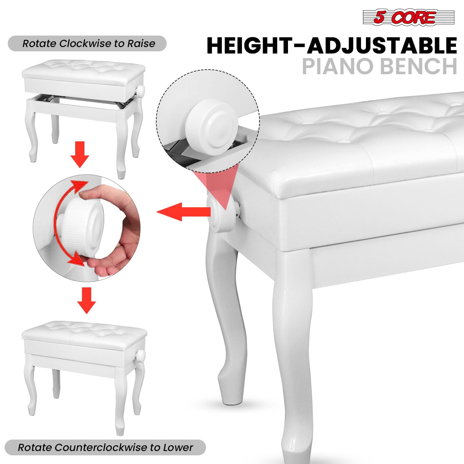 Piano Bench Wooden Height Adjustable Stool Heavy Duty Keyboard Seat with Storage - PNB WD HD WH