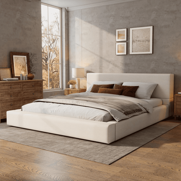 Noble House King Upholstered Platform Bed,Beige