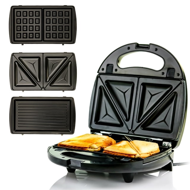 OVENTE GPI302B 3-in-1 Electric Sandwich Maker with Detachable Non-Stick Waffle and Grill Plates, 750-Watts, LED Indicator Lights, Cool Touch Handle, Anti-Skid Feet