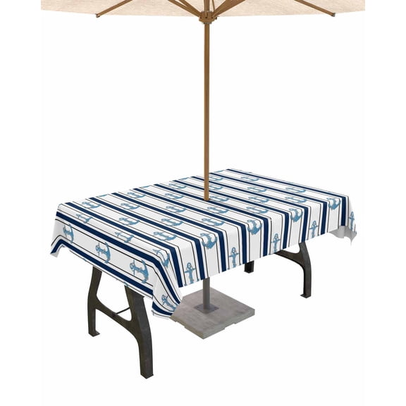 Boanket Outdoor Tablecloth with Umbrella Hole for Patio/Picnic/Party/Camping, Navy Blue Anchor Nautical Waterproof Table Cloth Rectangle Table Cover Washable, Coastal Ocean Summer Beach (60"x 102")