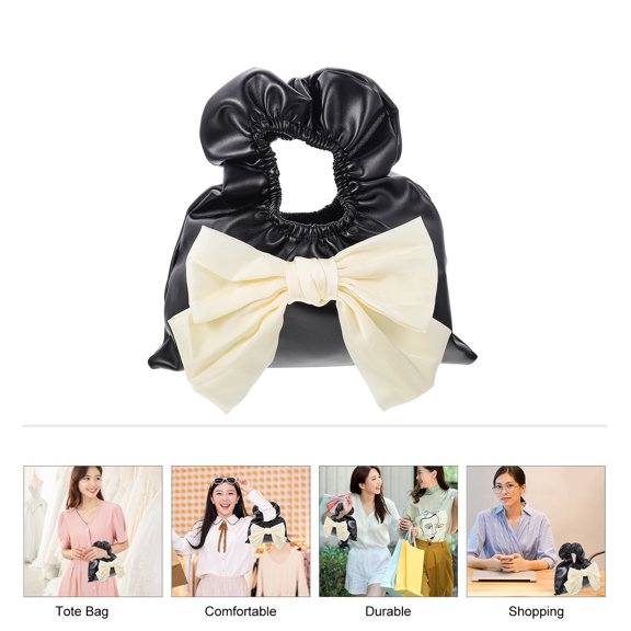 HEANUJJ Fashionable Black PU Hand Bag with Bow Stylish Outdoor Storage Pouch for Womens Use