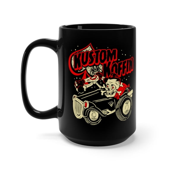 Kustom Koffin Rat Rod Gasser Skull Fink Ace Coffee Mug, 15oz, Black