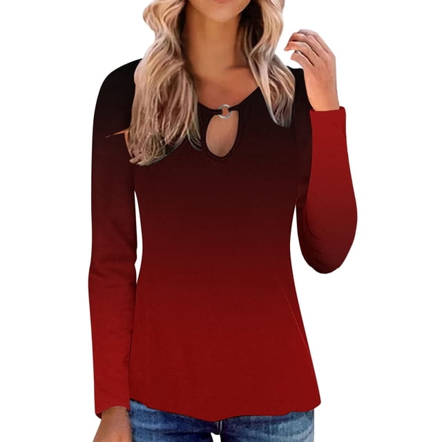 Tops de Otoño Para Mujer, Camisetas Informales Con Estampado Degradado, Blusas de Manga Larga Con Cuello Redondo Odeerbi ODB178930