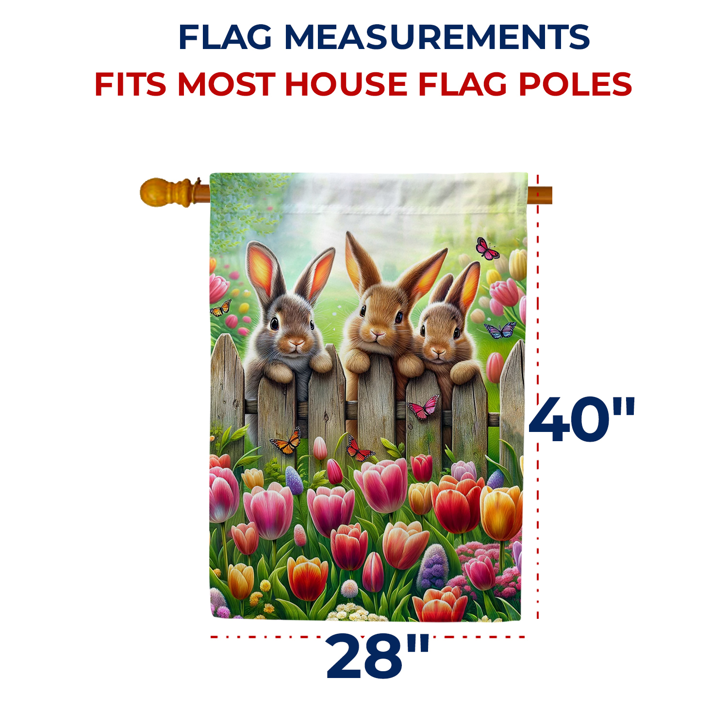 America Forever Bunnies Spring House Flag, 28” x 40” Double Sided, Three Cute Bunnies Tulip Garden and Butterflies, Spring Summer Easter Day Flags for Outdoor Patio and Home Decoration