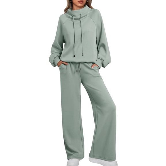 Lounge Sets for Women Sweatsuits 2 Piece Outfits Fall Drawstring Sweatshirt Wide Leg Sweatpants Tracksuit Light Green M