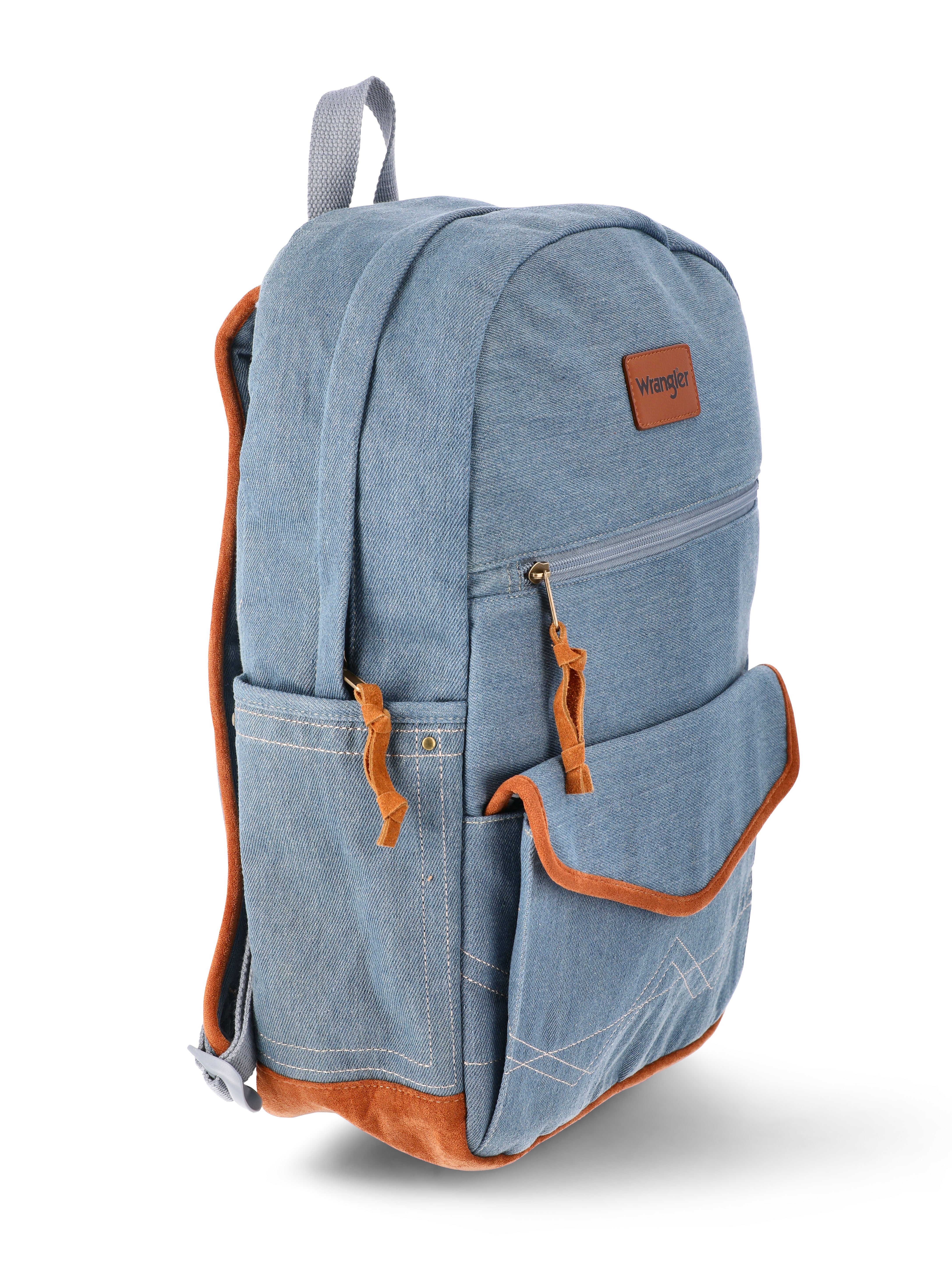 Wrangler Unisex Denim and Faux Suede 17" Laptop Backpack, Washed Denim