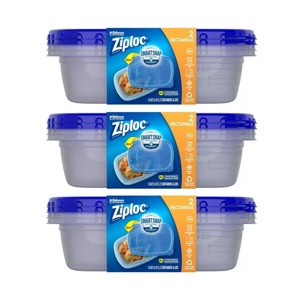 Ziploc Food Storage Meal Prep Containers with Smart Snap Technology, Rectangle, 1.5 QTS, 2 Count, Pack of 3, Clear