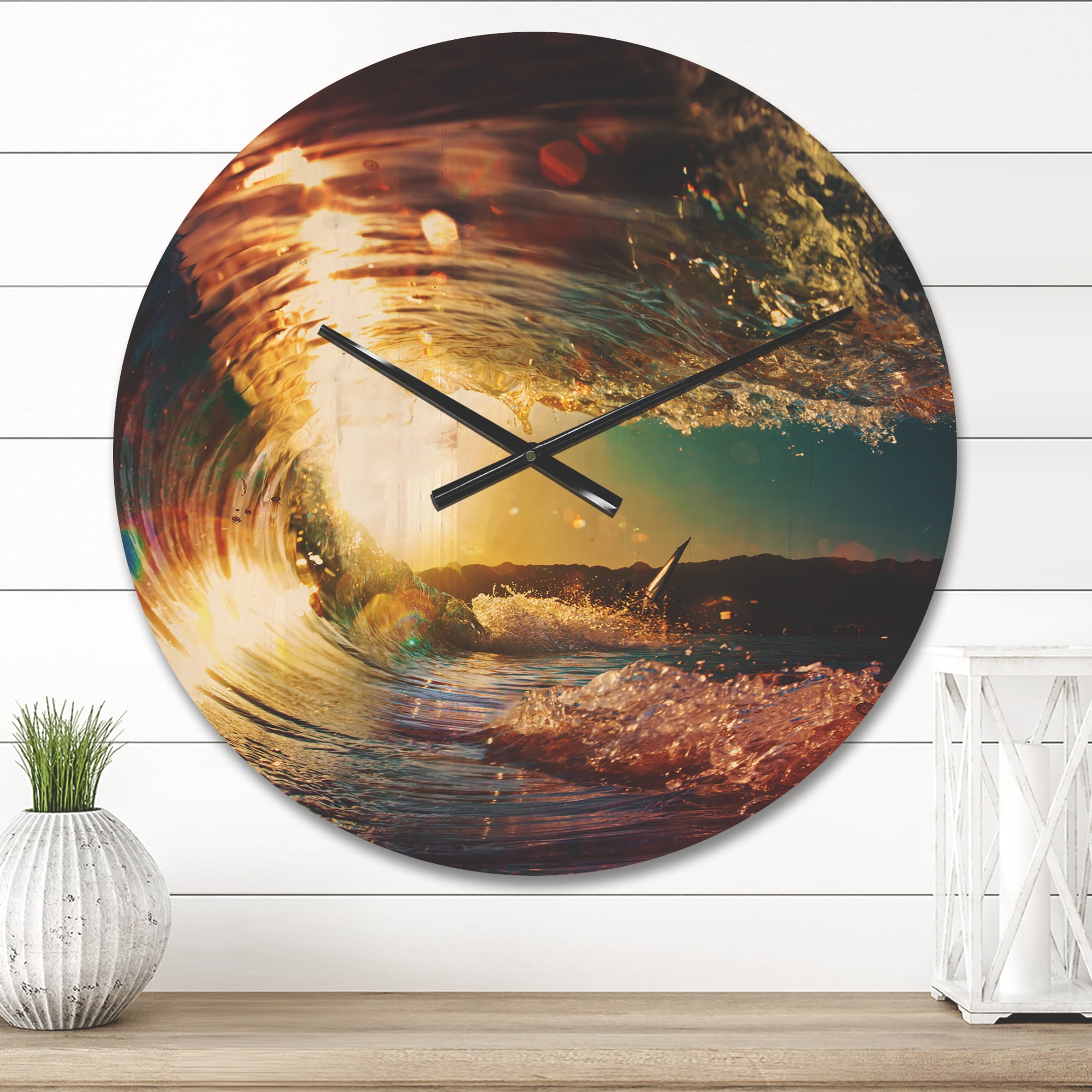 Designart 'Colored Ocean Waves Falling Down At Sunset III' Coastal Wood Wall Clock