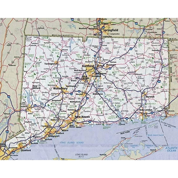 Iconic Arts Laminated 30x24 Poster: Road Map - Large Detailed Roads and Highways map of Connecticut State with All citiesMaps