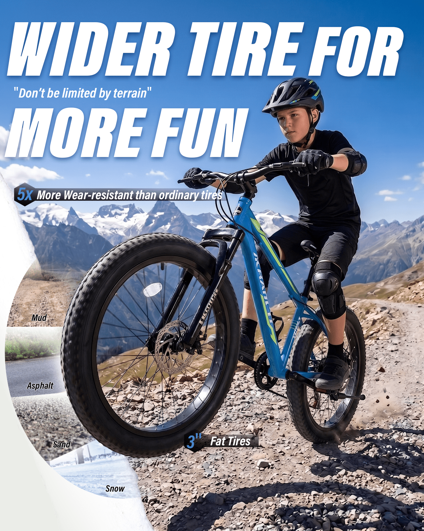 24 inch Fat Tire Mountain Bike, Outdoor Cycling Bike with 7-Speed for Boys Girls, High Carbon Steel Frame, Dual Disc Brake, Wide Tires, Suspension Fork, Anti-Slip Bikes, Blue