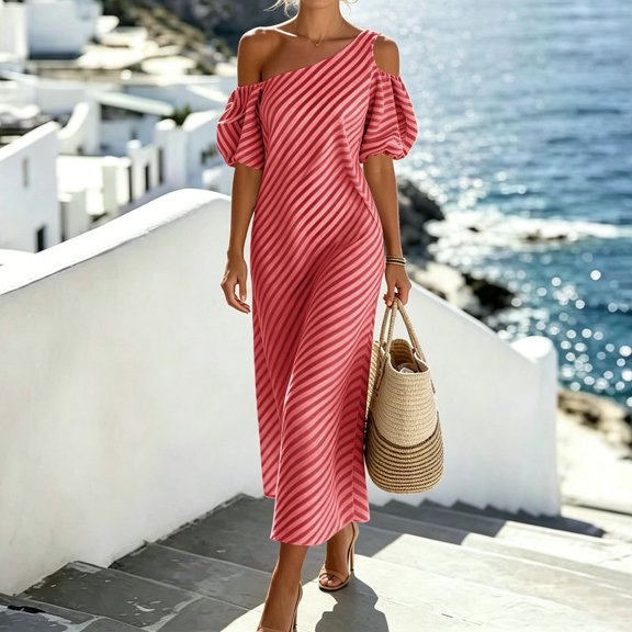 QUNYINEY One Shoulder Vacation Dresses for Women Summer Striped Long Puff Short Sleeve A Line Dress Loose Fit Casual Dresses