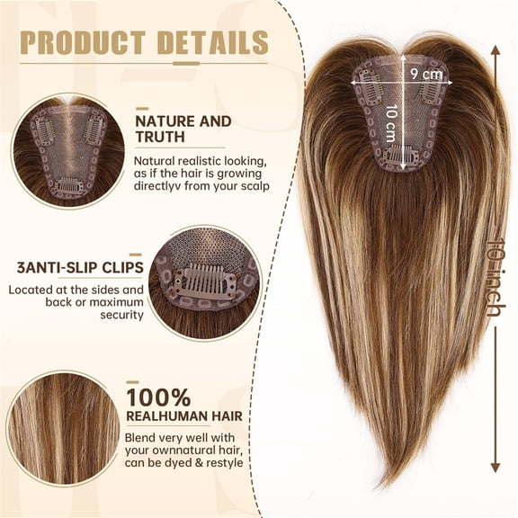 Hair Toppers for Women Straight Real Human Hair Pieces 10" Ombre Brown Mixed Blonde with Dark Root 9×10 CM Lace Base Hair Topper with 3 Clips