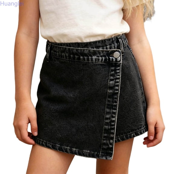 Huanglei Casual Denim Shorts Skirt With Washed Finish And Button Detail For Girls â Bottoms ï¼Casual School Uniform Bottoms Girls /Size 12-13 Years(Black)