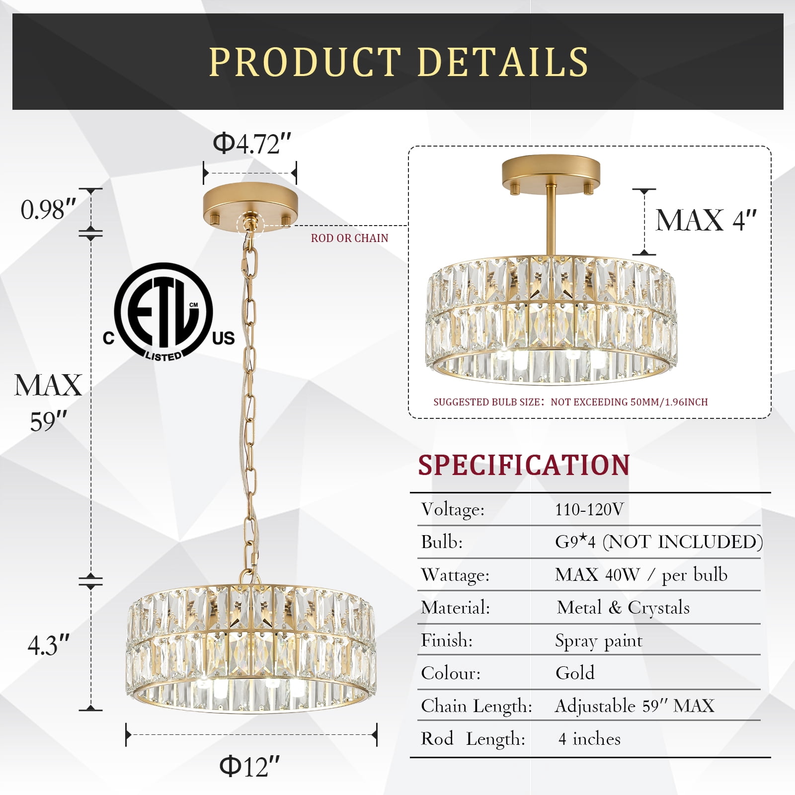 Small Gold Crystal Chandeliers, Modern Semi Flush Mount Chandelier 4-Light Drum Crystal Ceiling Pendant Light Fixture 12” for Foyer Entryway Kitchen Hallway Dining Room