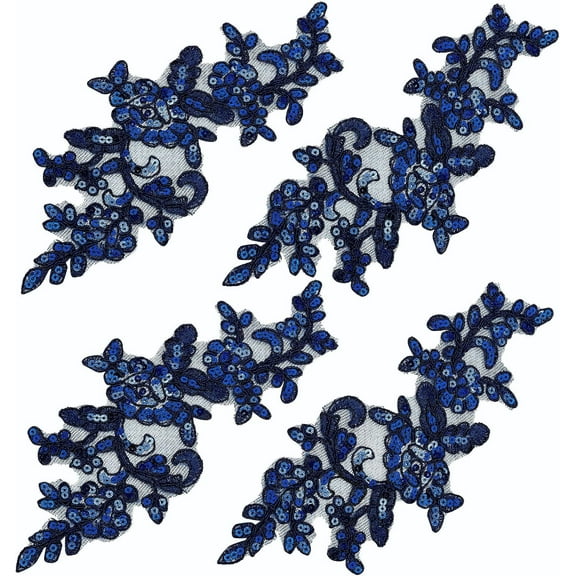 4PCS Sequin Embroidered Lace Patches Leaf Flowers Lace Applique Sewing Floral Fabric Craft Decoration Patches for DIY Clothes Dress Pants Sewing Wedding (Midnight Blue) Blue DIY