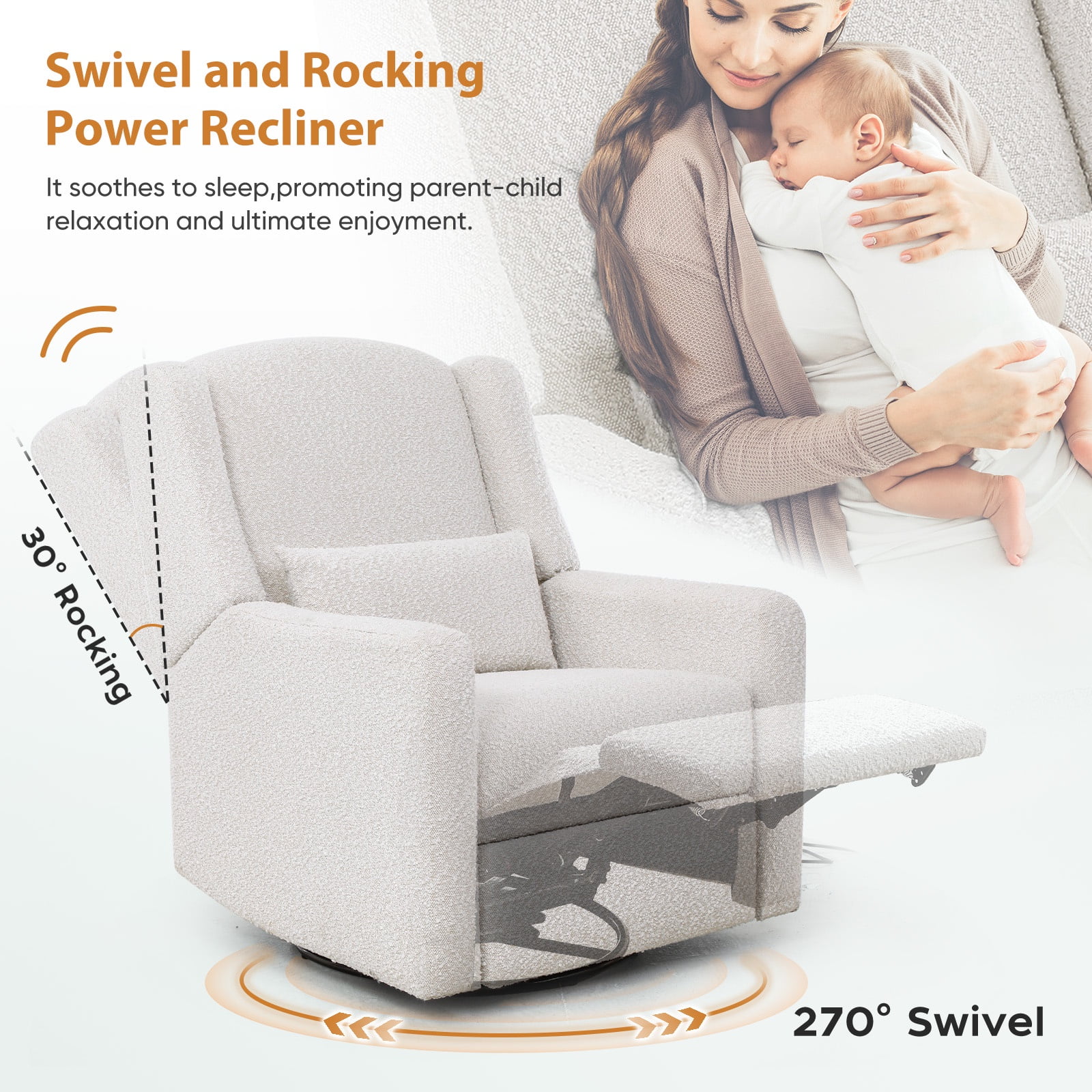 JULY'S SONG Power Swivel Gilder Rocker Recliner Chair for Adults, Skin-Friendly Nursery Rocking Chairs in Living Room with Waist Pillow, USB Charging, Beige