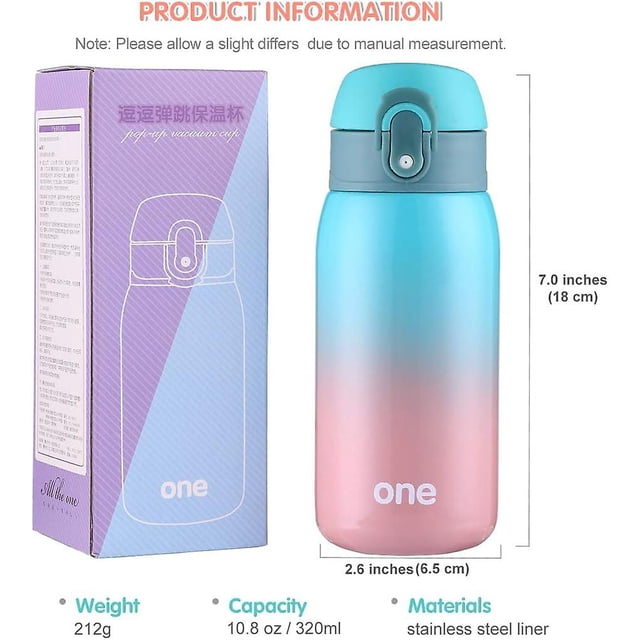 Botella de agua para niños con tapa abatible, bonita botella de agua, frasco de acero inoxidable, a prueba de fugas (verde-rosa)