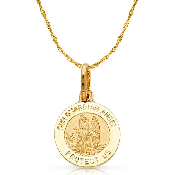 14K Yellow Gold Our Guardian Angel Protect Us Charm Pendant with 0.9mm Singapore Chain Necklace - 16"